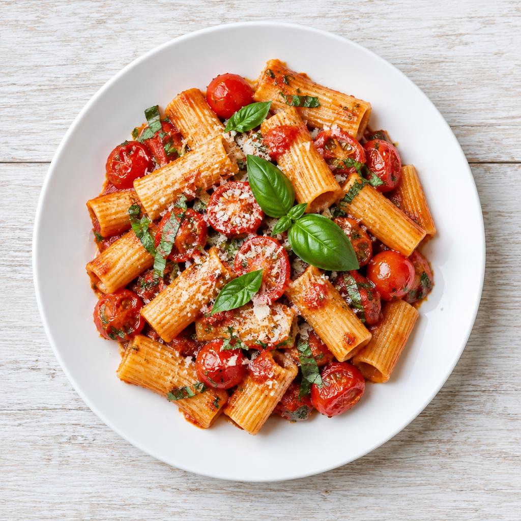 Tomato and basil rigatoni with parmesan on a white plate