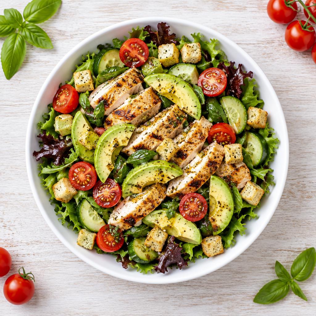 Grilled chicken and avocado salad with fresh leaves and cherry tomatoes