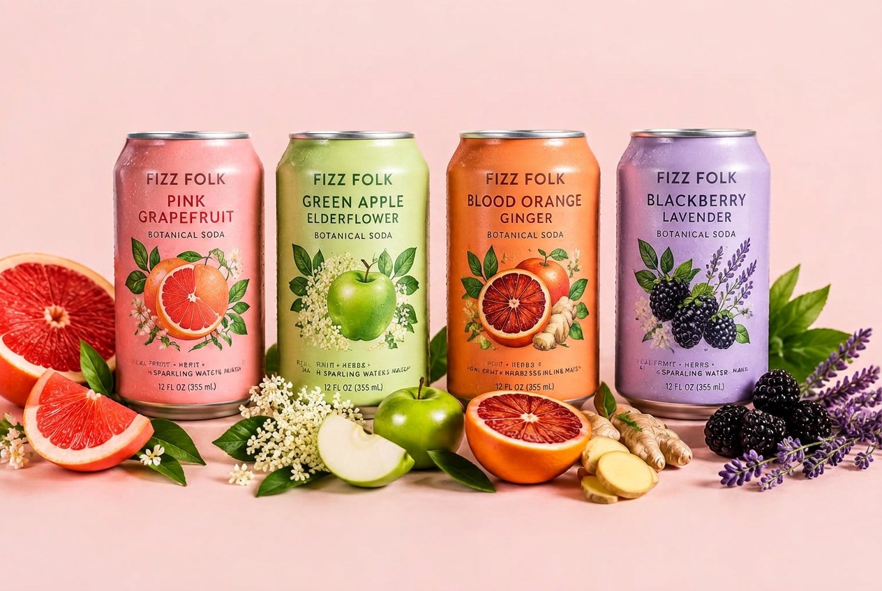 Four Fizz Folk soda cans with fresh fruit and herbs